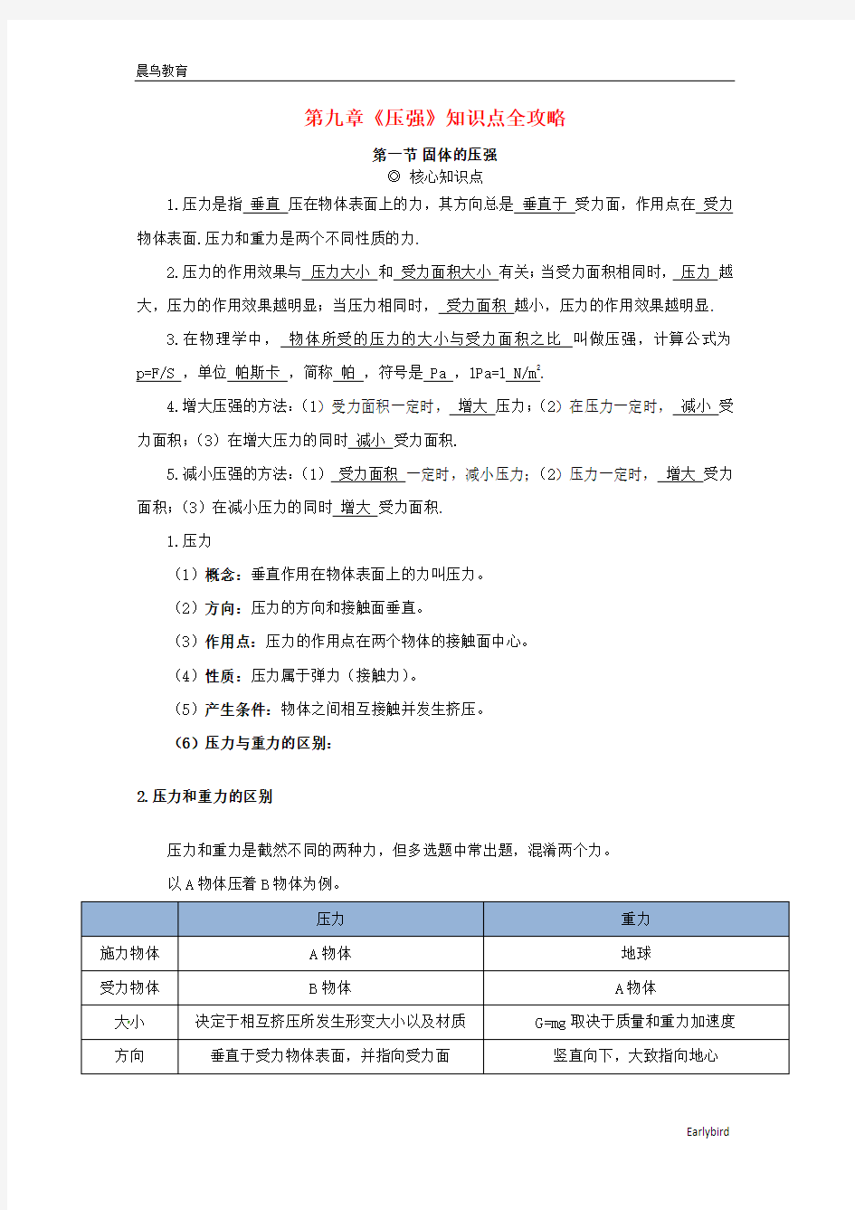 2020夏物理八年级核心素养特色专题第9章压强知识点全攻略