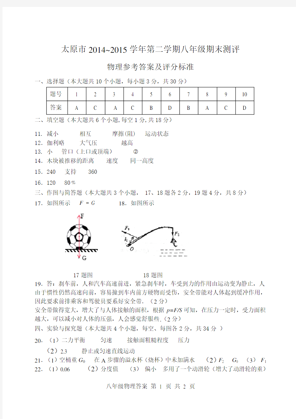 太原市2014-2015学年第二学期八年级物理答案