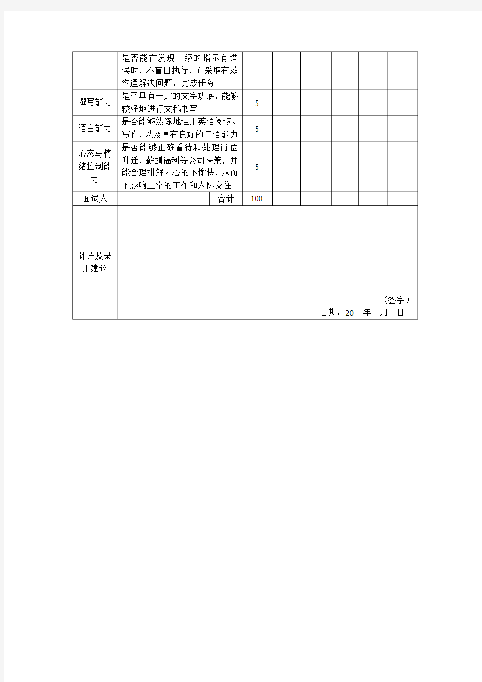 结构化面试评价量表