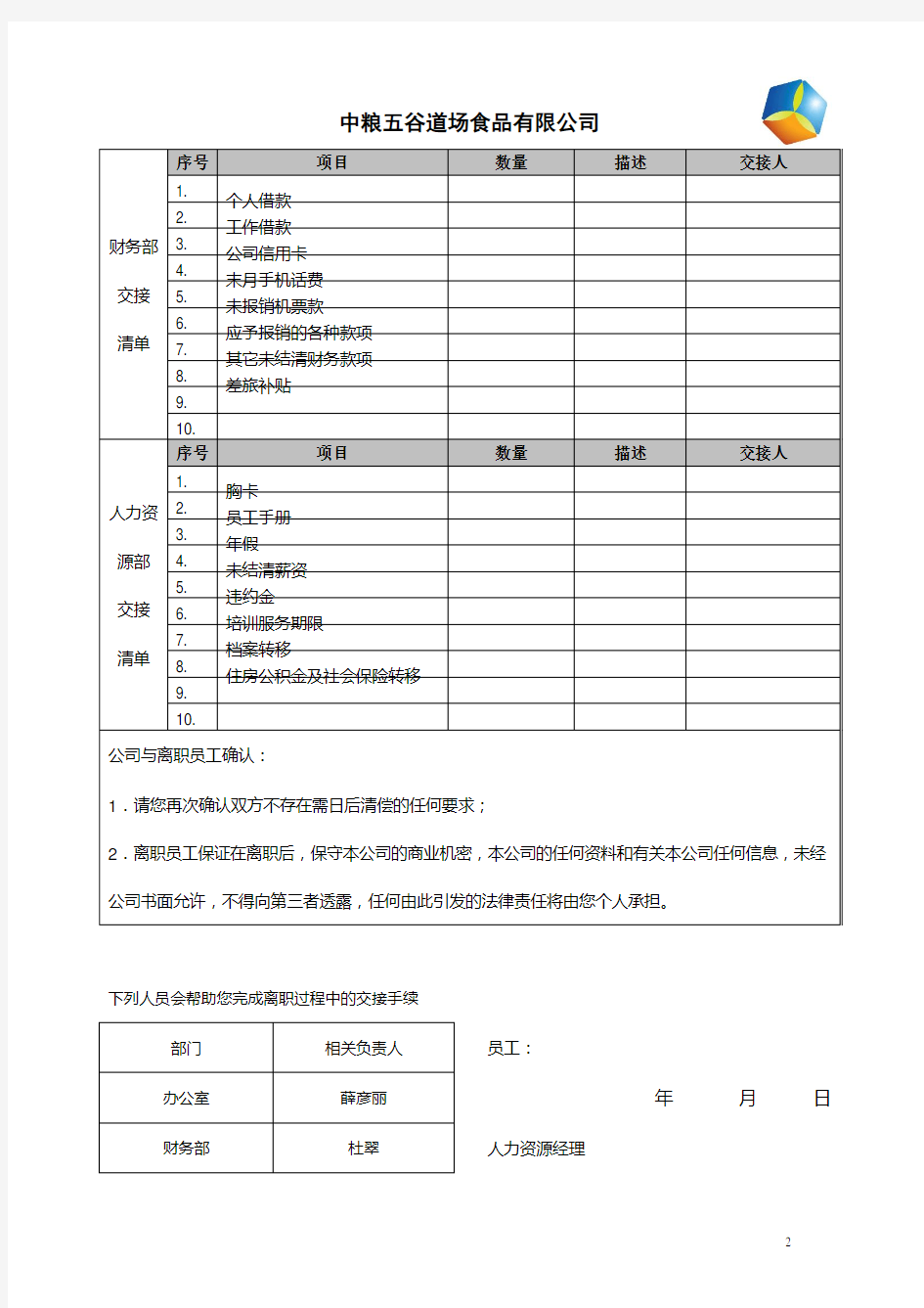 离职交接清单(模板)