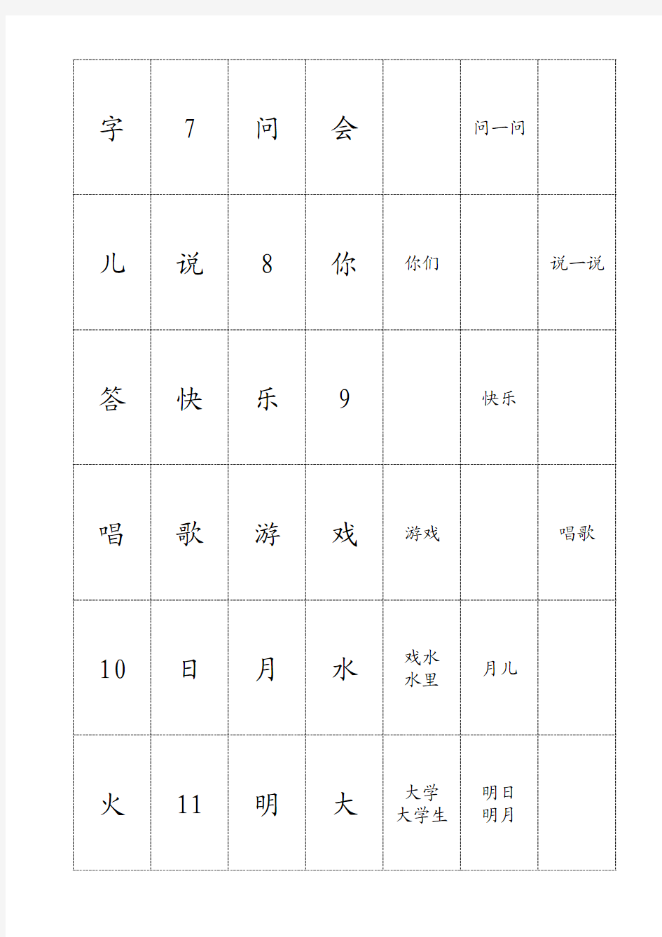 上海版语文识字卡片(一年级第一学期)
