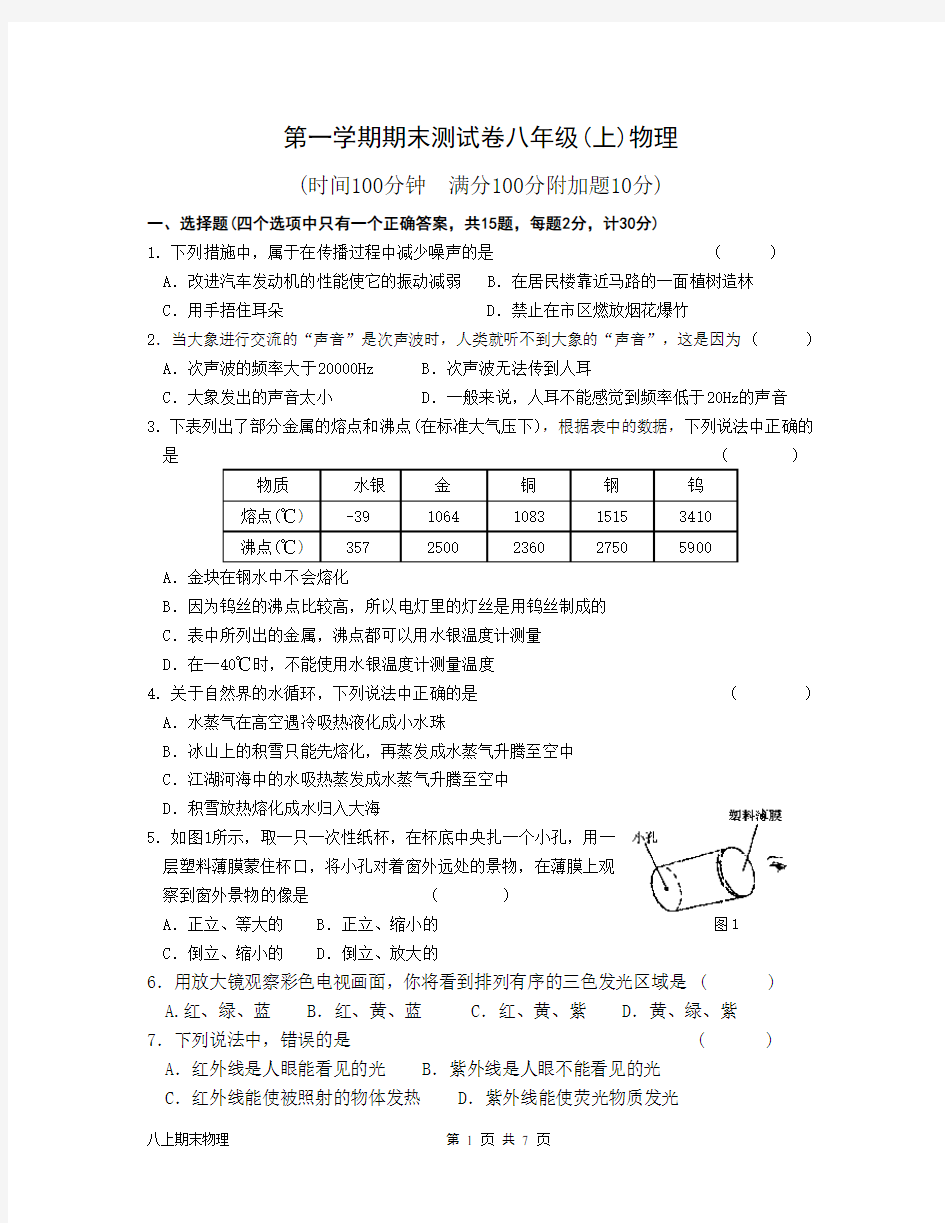 南京市苏科版八年级物理上期末测试试卷及参考答案