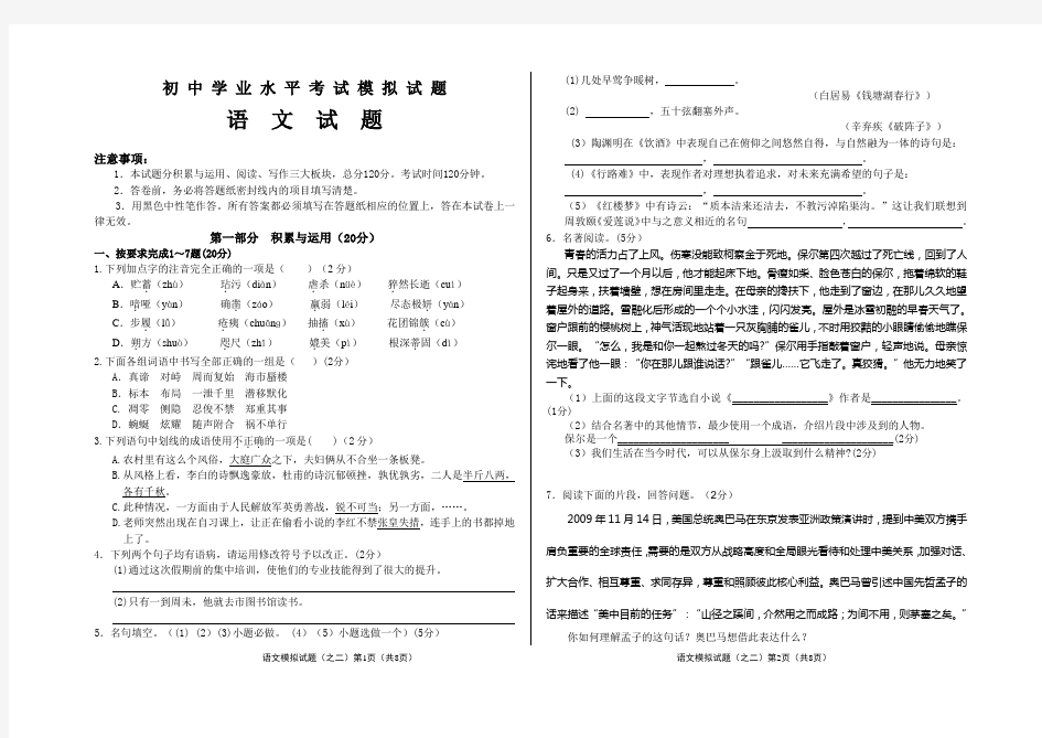 初中学业水平考试模拟试题