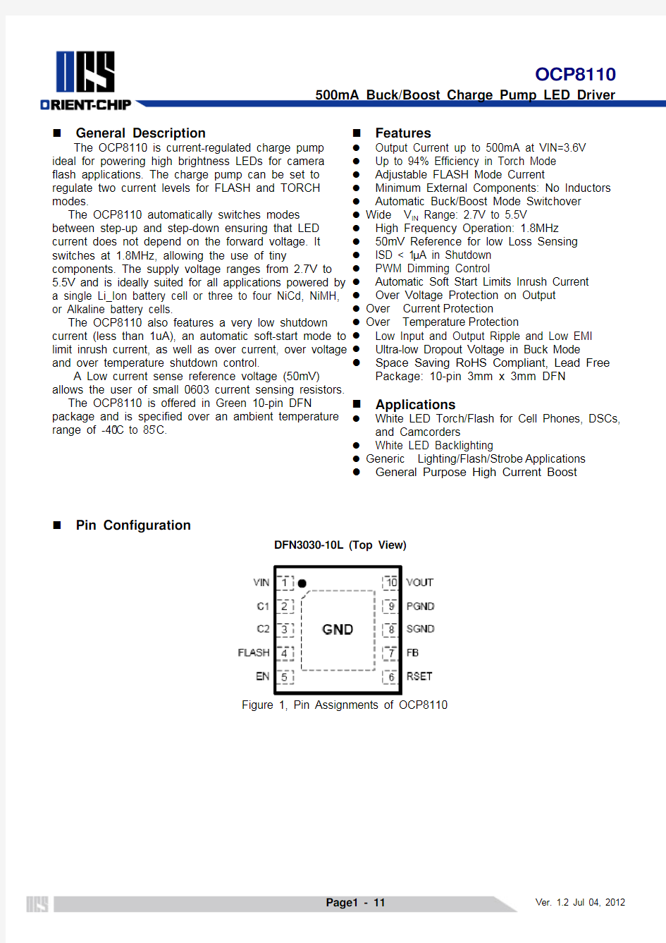 OCP8110 datasheet Ver 1.2 20120704