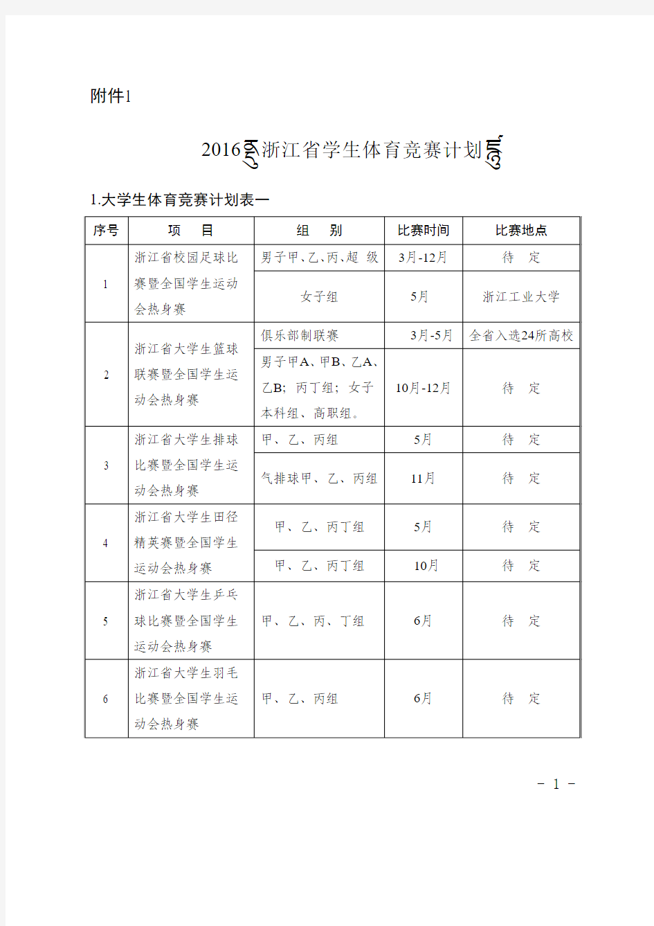 2016年学生体育竞赛计划表