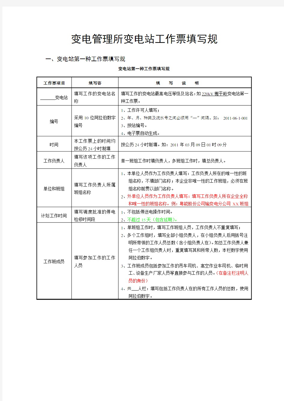 变电管理所工作票填写规范标准