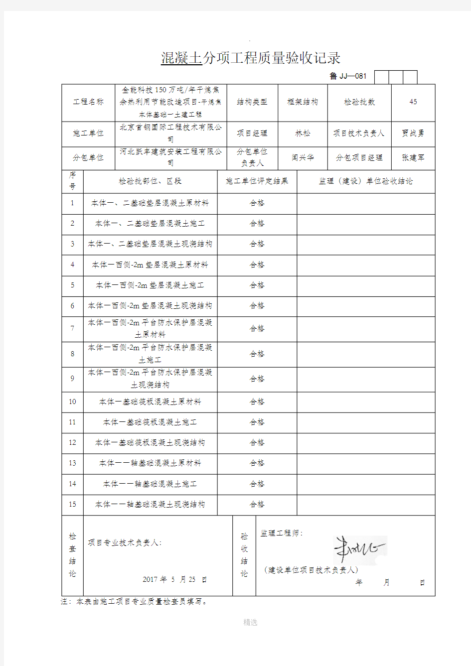 分项工程质量验收记录(混凝土)