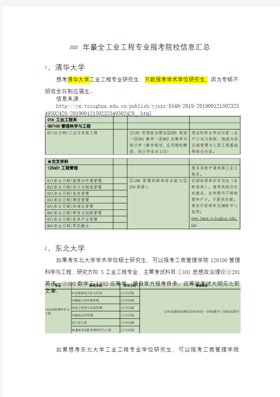 2020年全面工业工程专业报考院校信息汇总