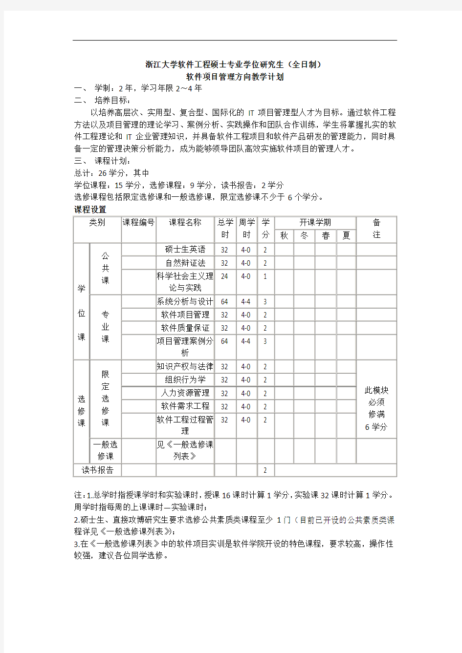 浙江大学软件工程软件项目管理方向教学计划(硕士专业学位研究生全日制)和书单