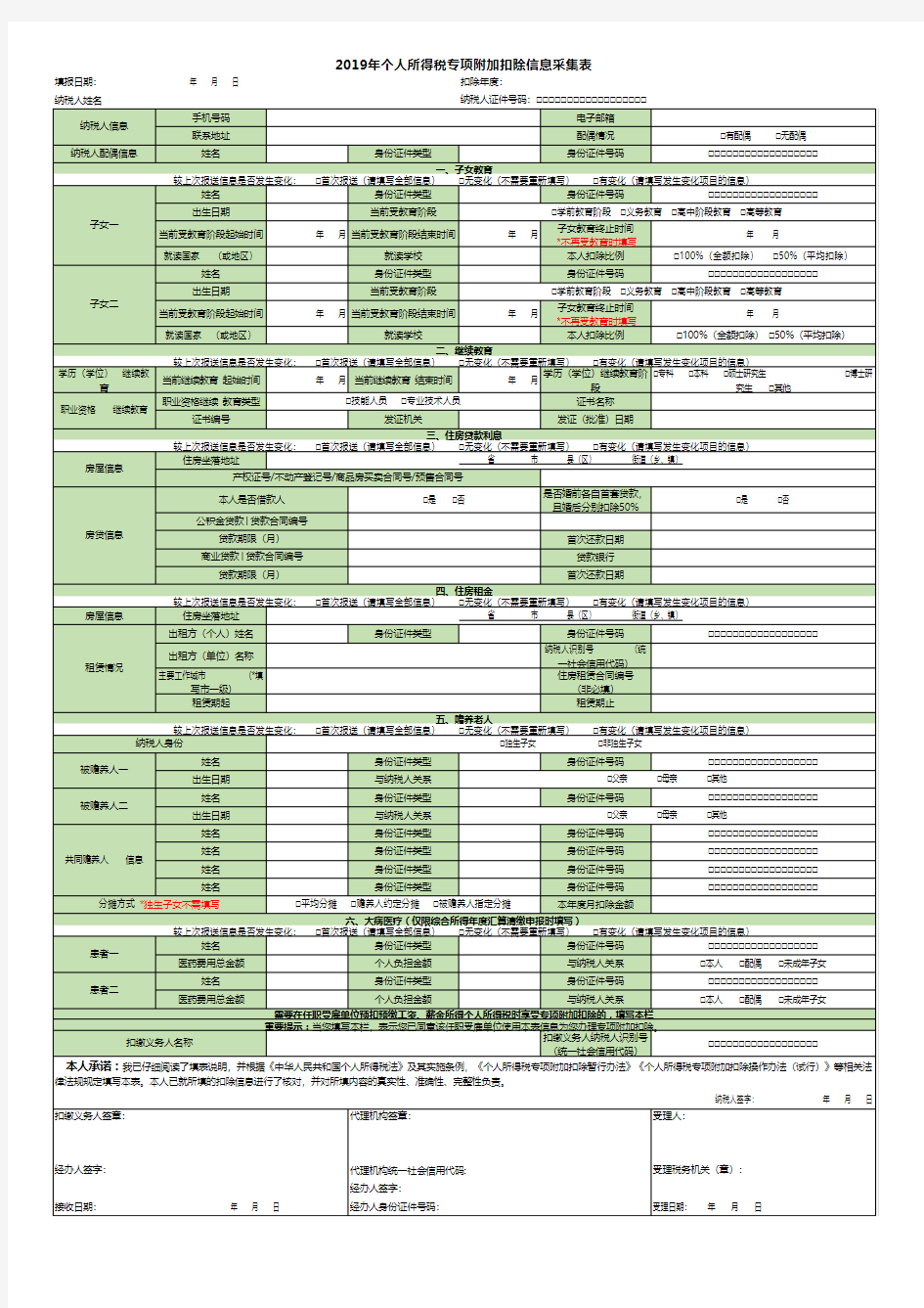 个人所得税专项附加扣除信息采集表Excel模板