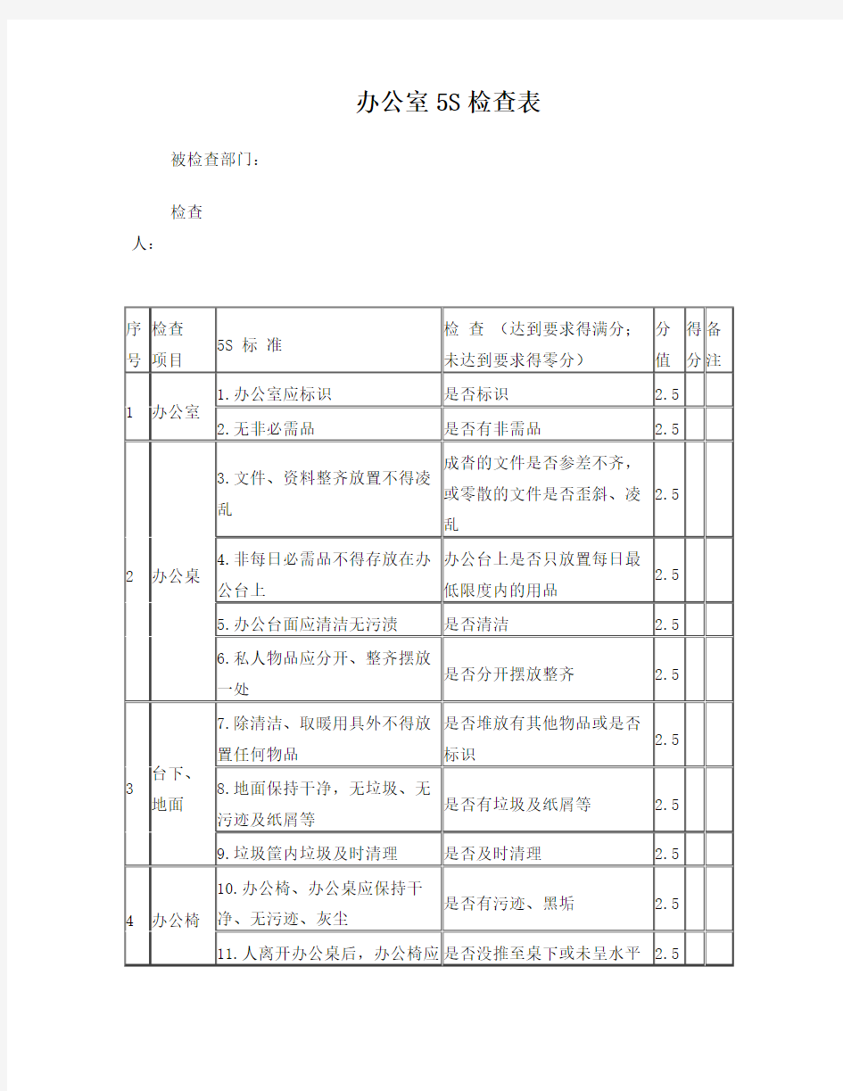 办公室5S管理检查表