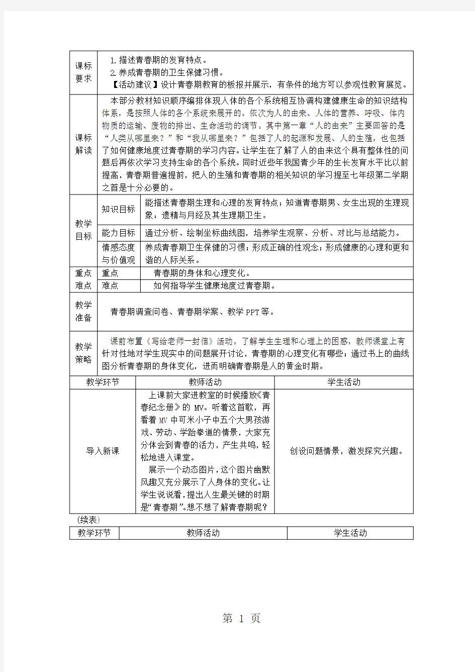 人教版七年级生物下册第四单元 第一章 第三节 青春期教案