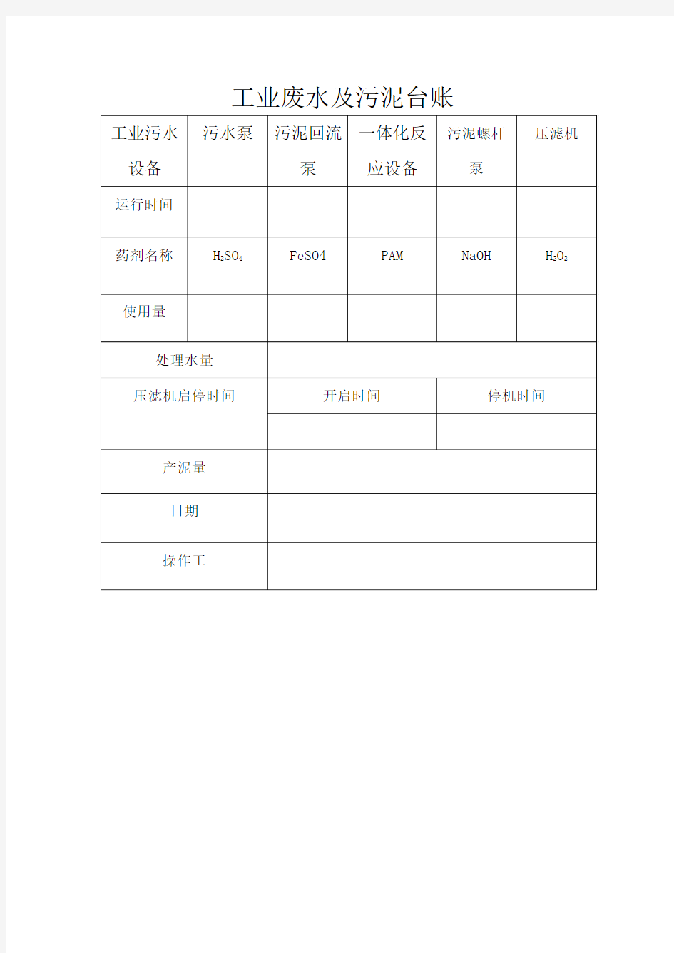 废水处理站日常运行记录表