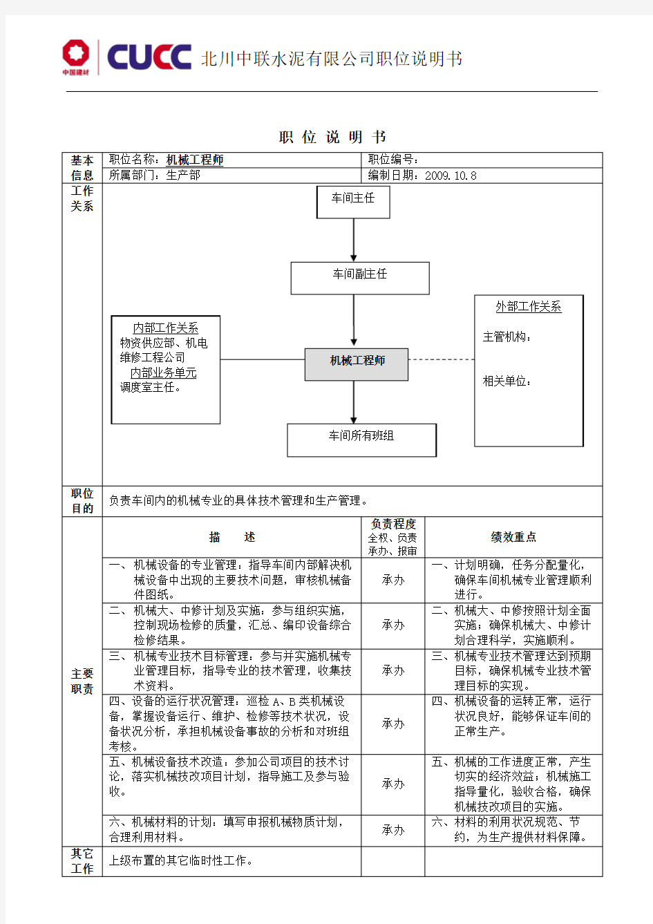 机械工程师岗位说明书