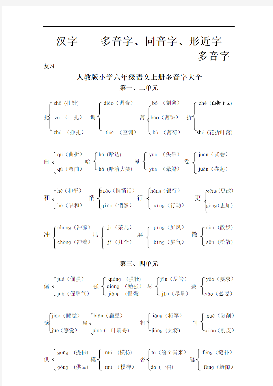 人教版小学六年级语文上册多音字大全