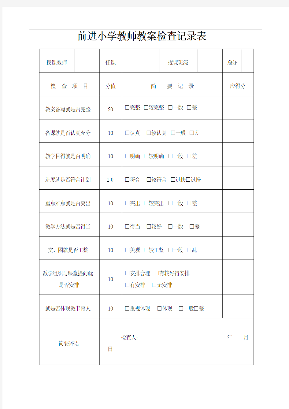 教案、作业、记录检查记录表