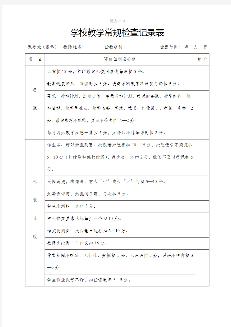 教学常规检查记录表