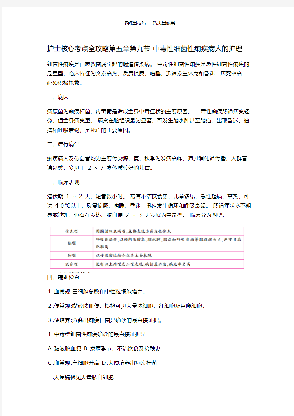 护士核心考点全攻略第五章第九节中毒性细菌性痢疾病人的护理