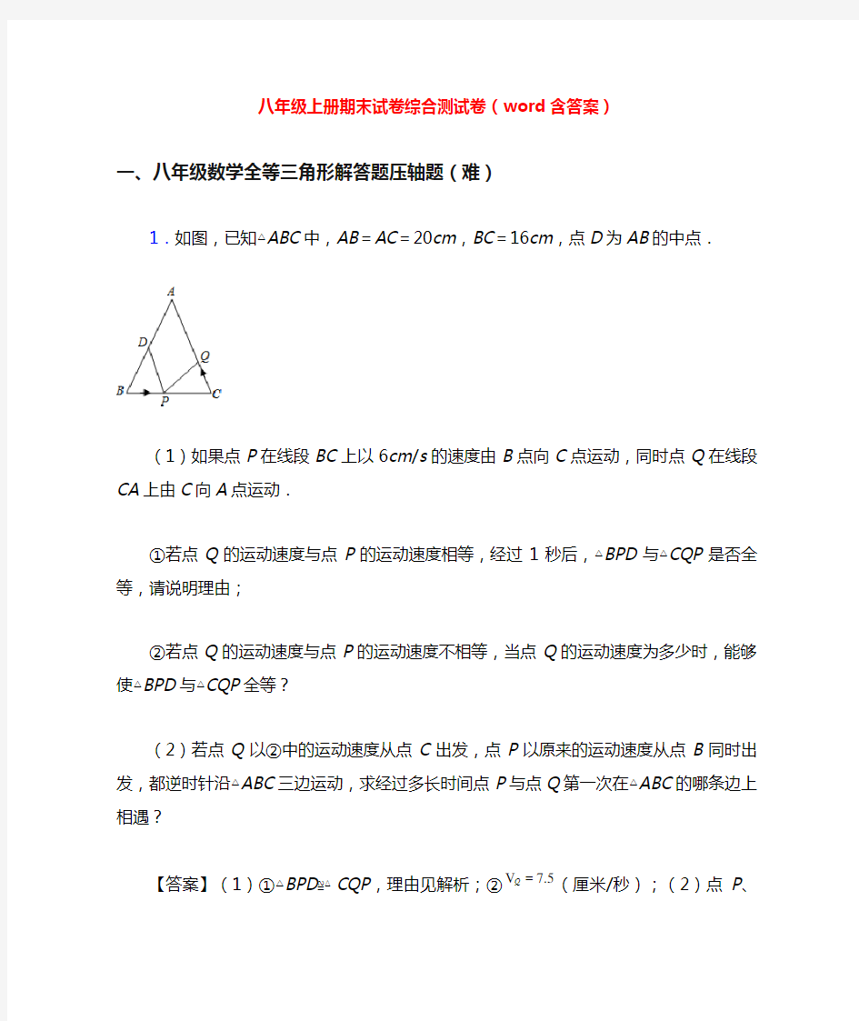 八年级上册期末试卷综合测试卷(word含答案)