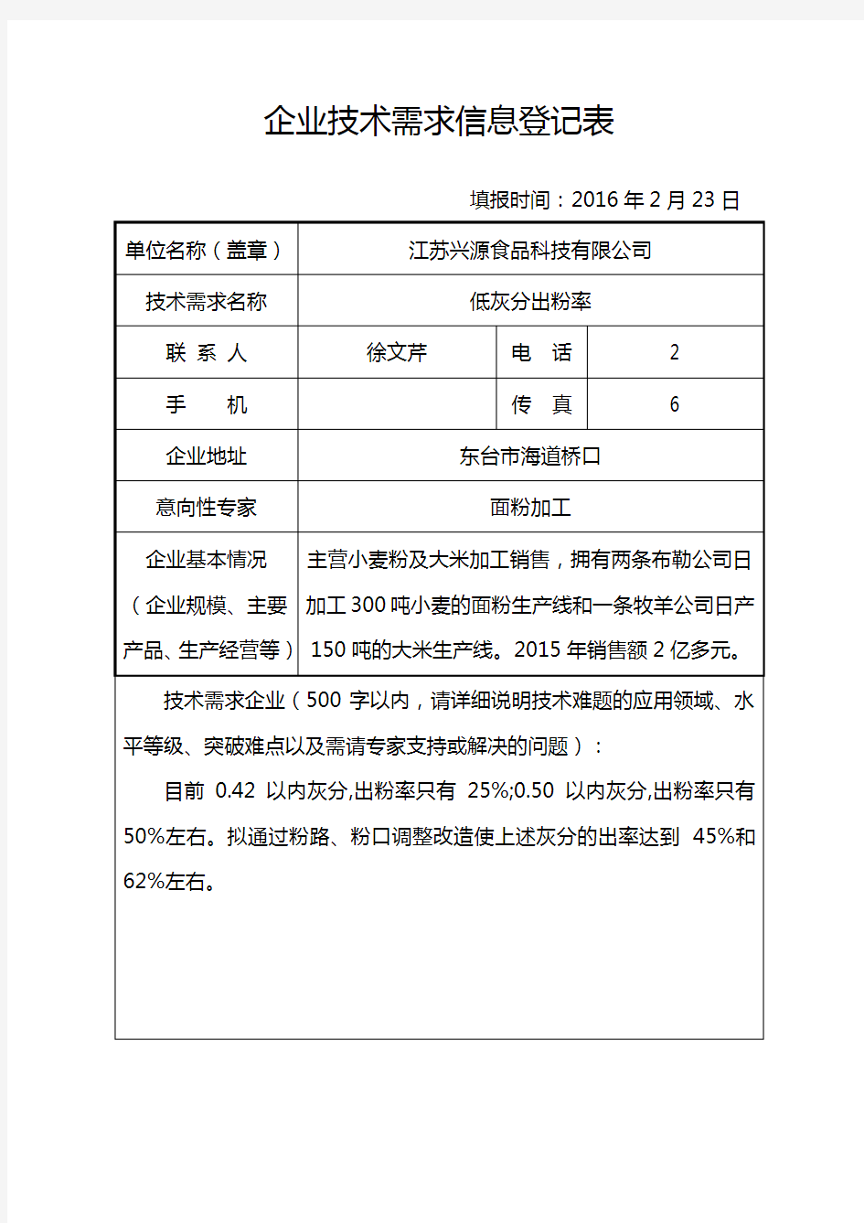 企业技术需求信息登记表