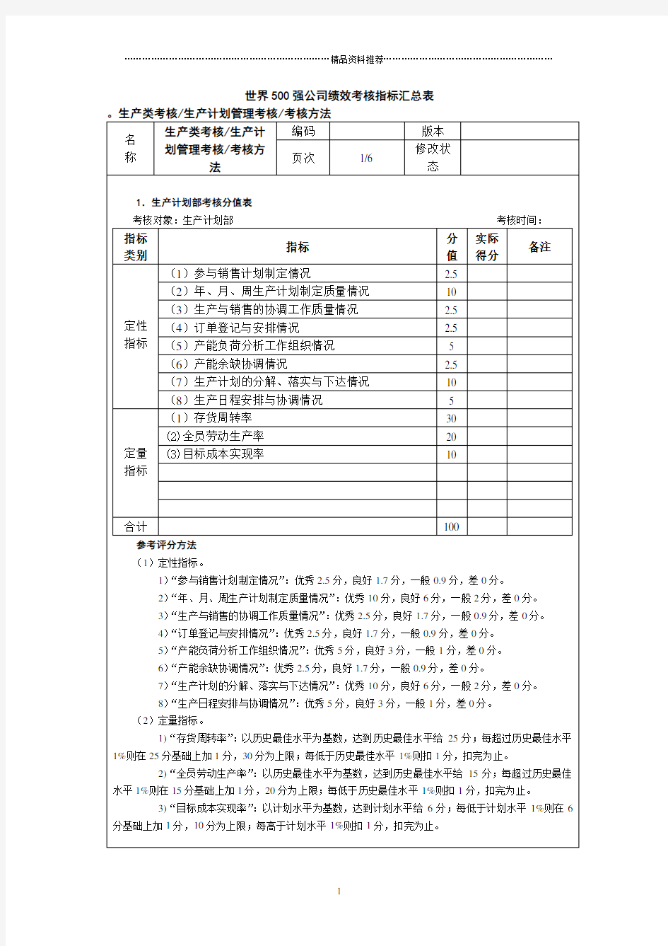 世界500强公司绩效考核指标汇总表