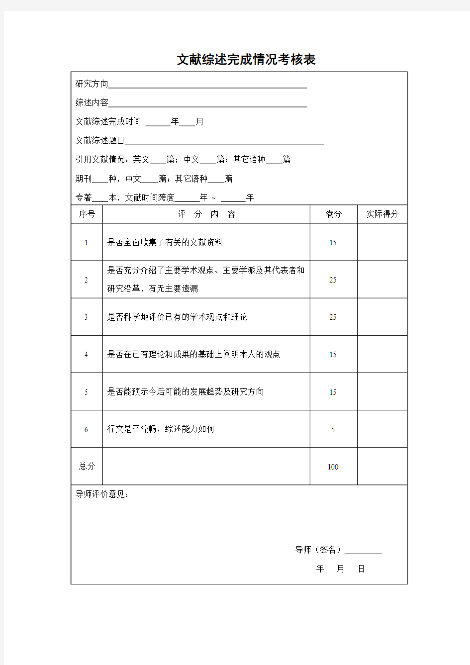 文献综述完成情况考核表