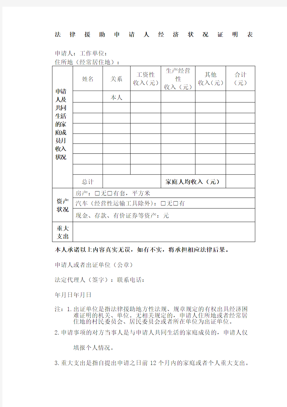 法律援助申请人经济状况证明表