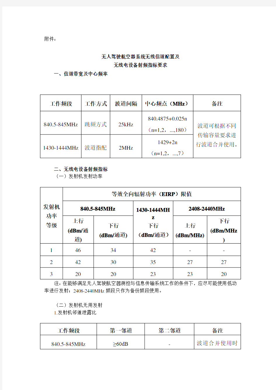 无人驾驶航空器系统无线信道配置及无线电设备射频指标要求