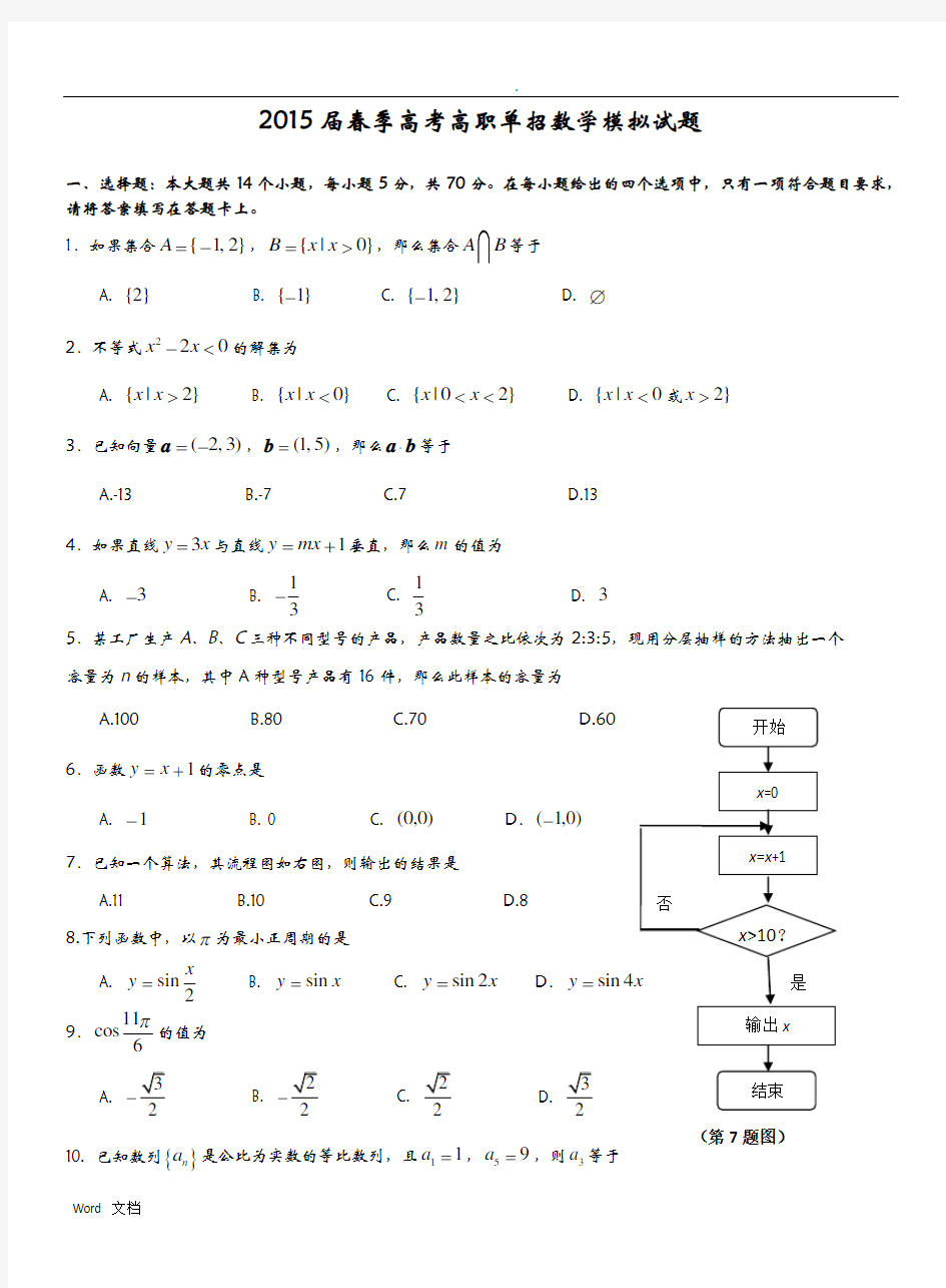 春季高考高职单招数学模拟试题_