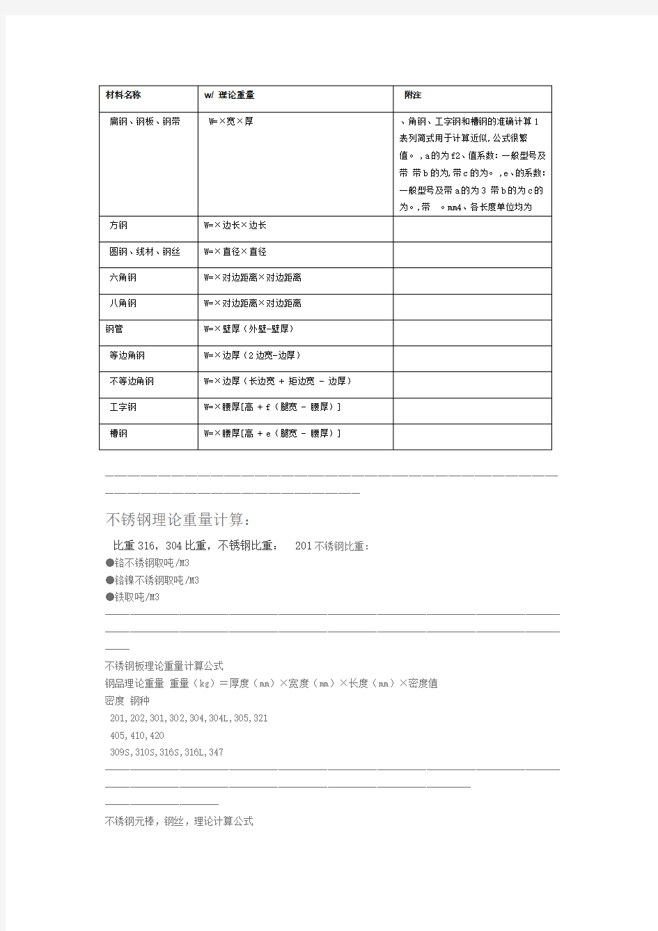 不锈钢理论重量计算公式