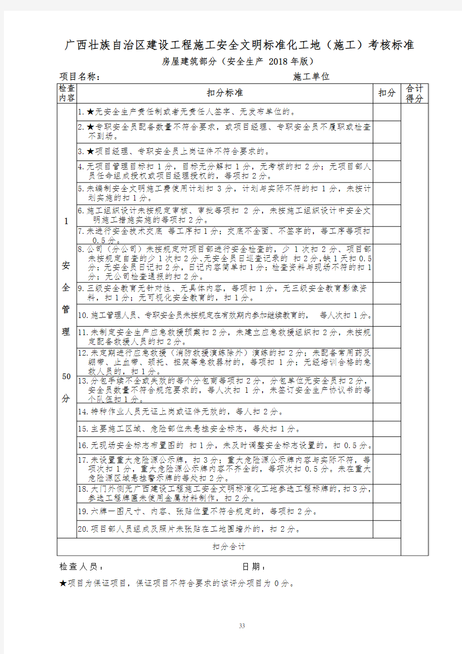 广西壮族自治区建设工程施工安全文明标准化工地(施工)考核标准