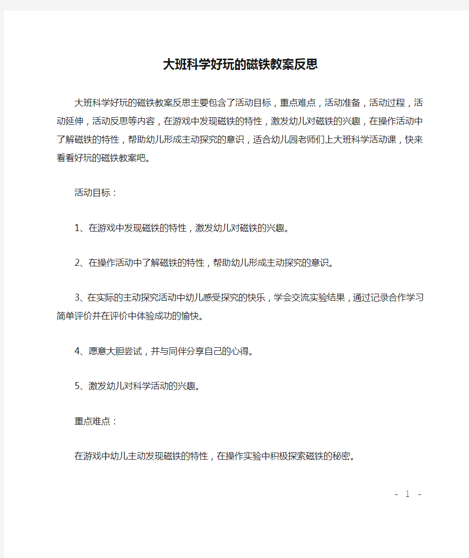 大班科学好玩的磁铁教案反思