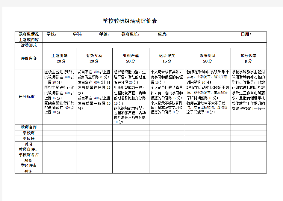 教研组活动评价表