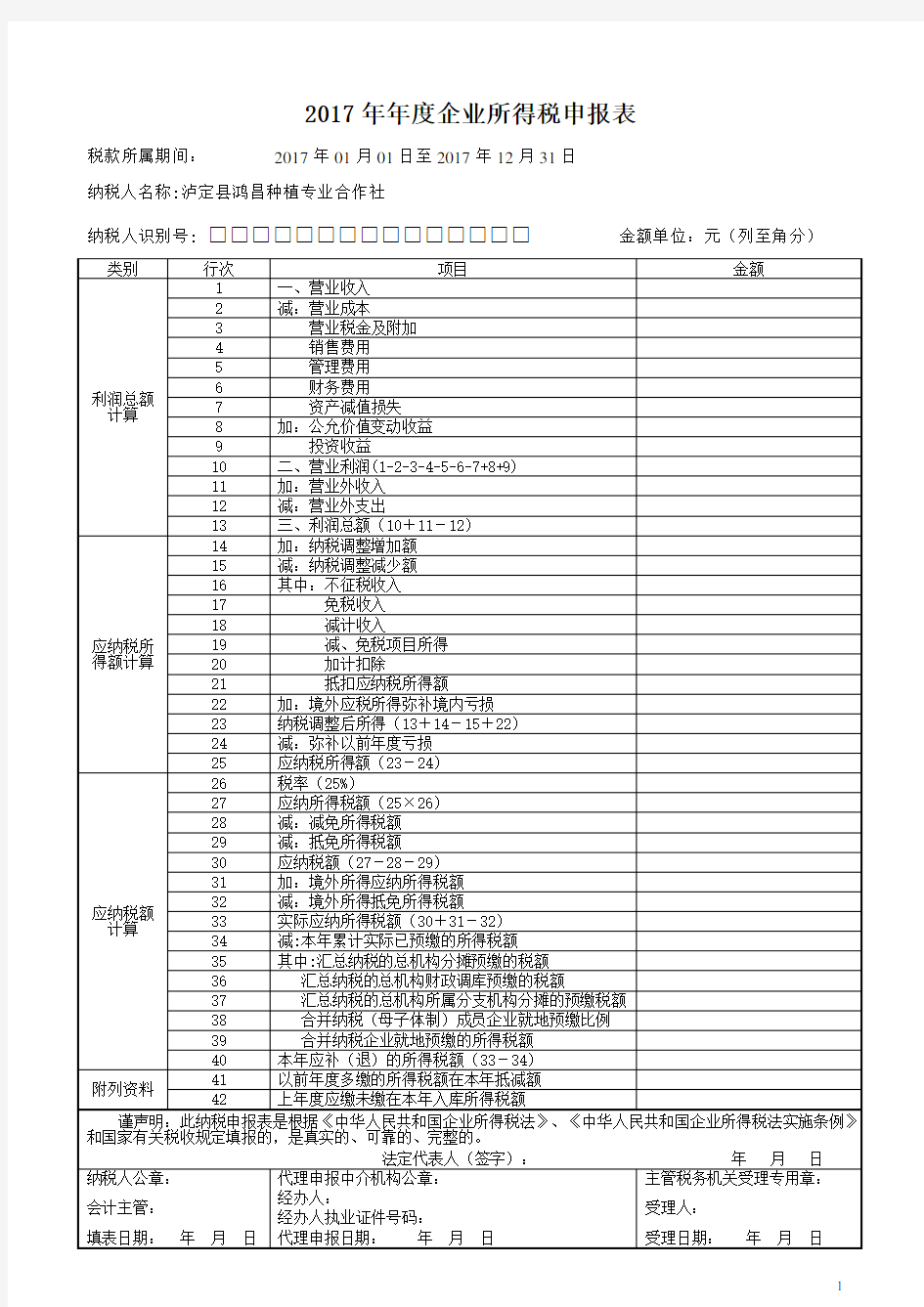 2017年企业所得税年度申报表(A类)27324