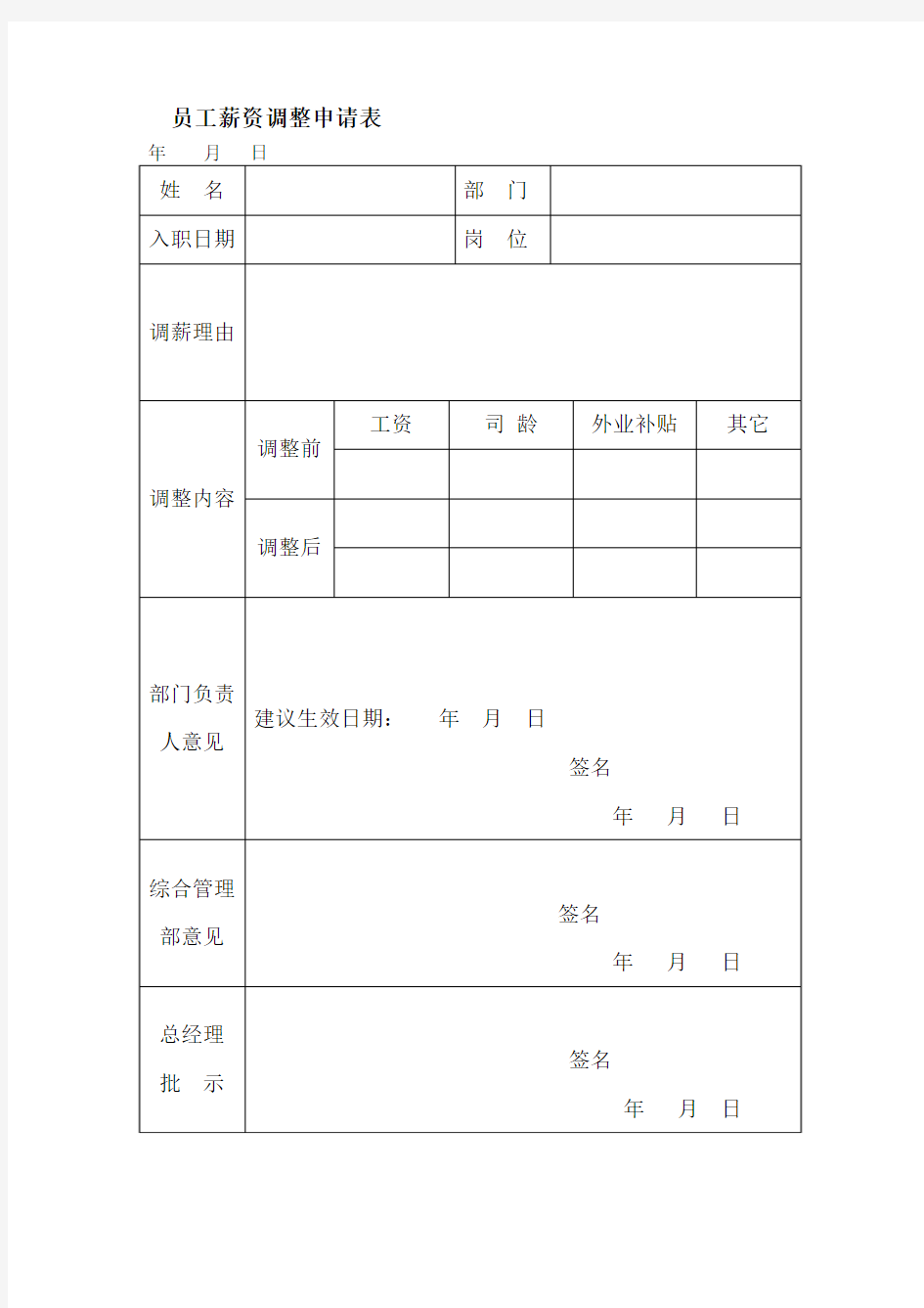 员工薪资调整申请表