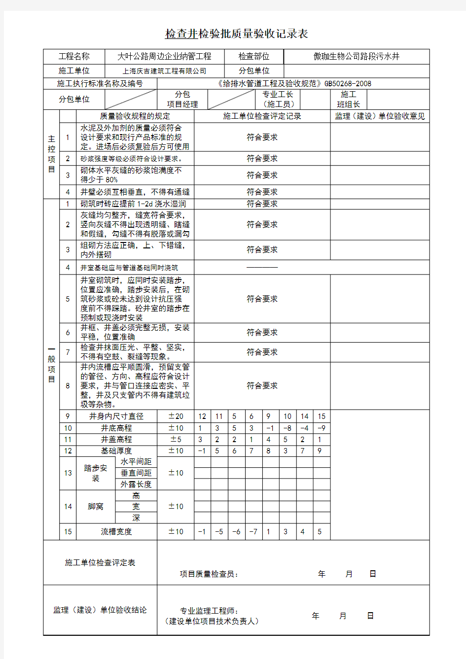 检查井检验批质量验收记录表