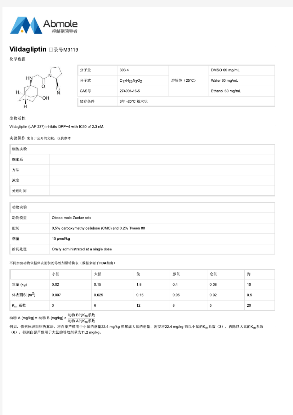 Vildagliptin抑制剂生物数据说明书M3119