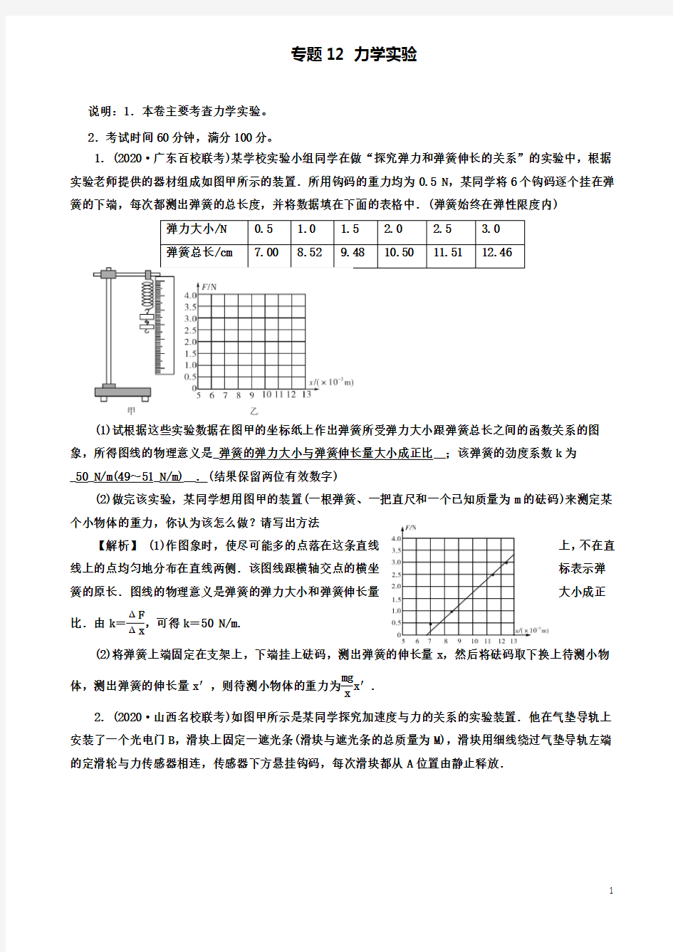 高考物理二轮复习专题力学实验专题卷