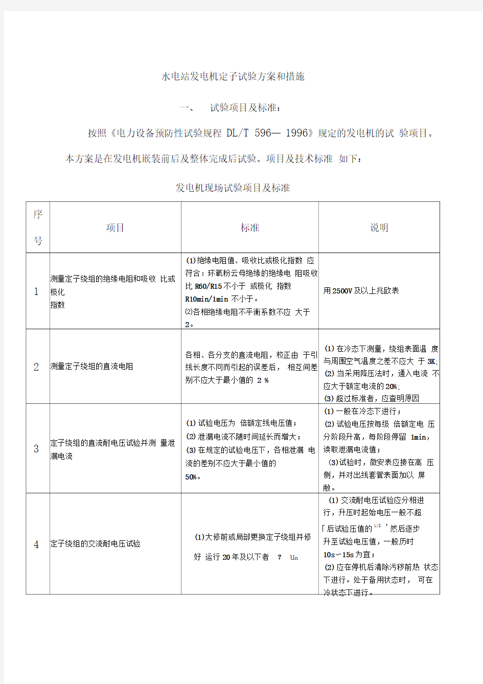 水电站发电机试验方案和措施