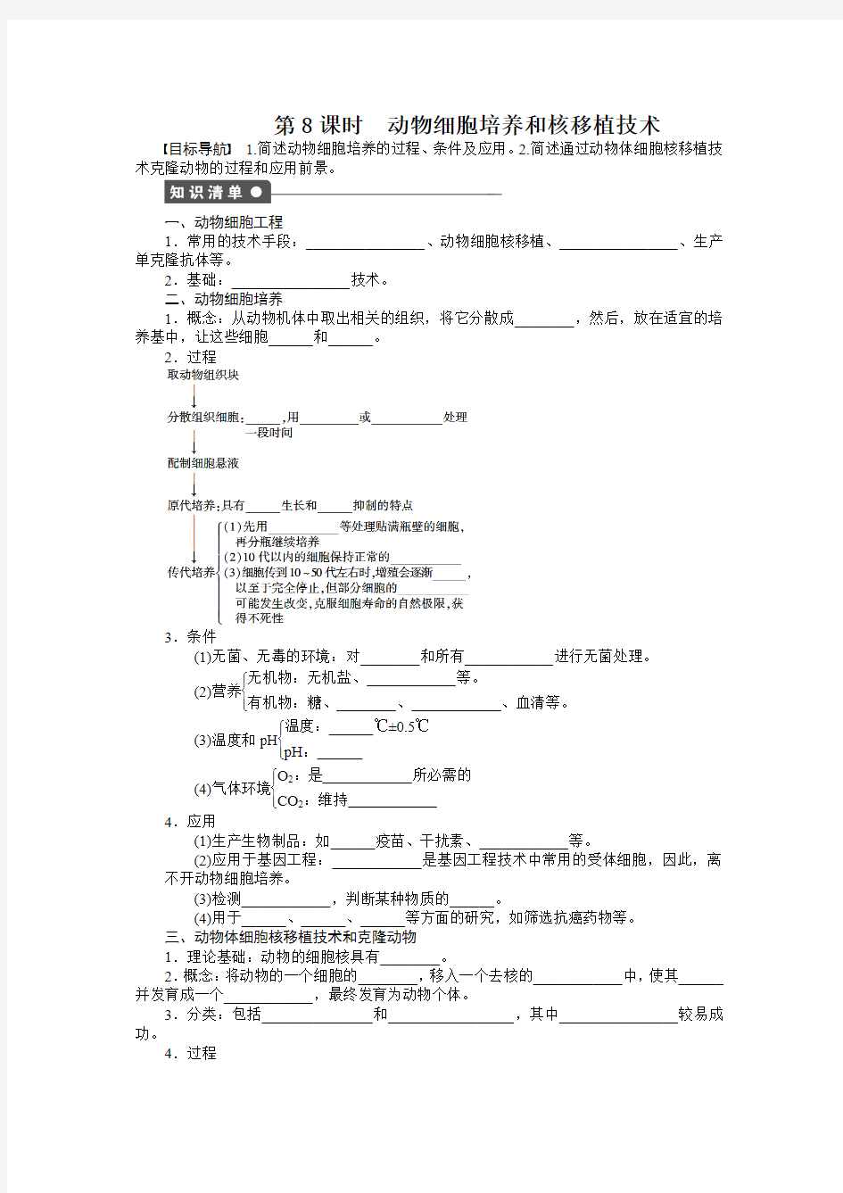 2015-2016学年高二生物人教版选修3课时作业2.2.1 动物细胞培养和核移植技术.doc