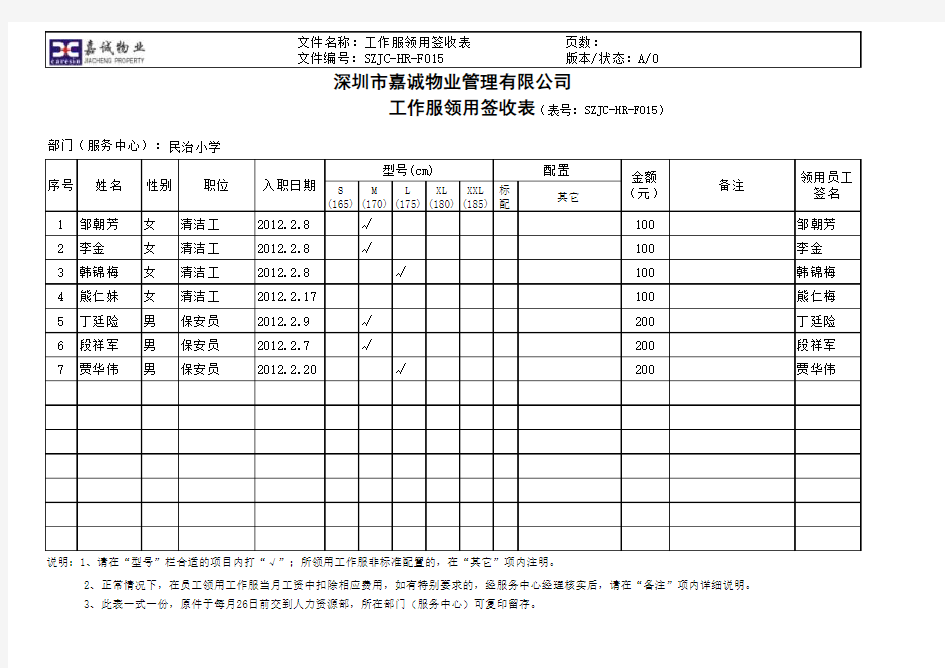 015工作服领用签收表