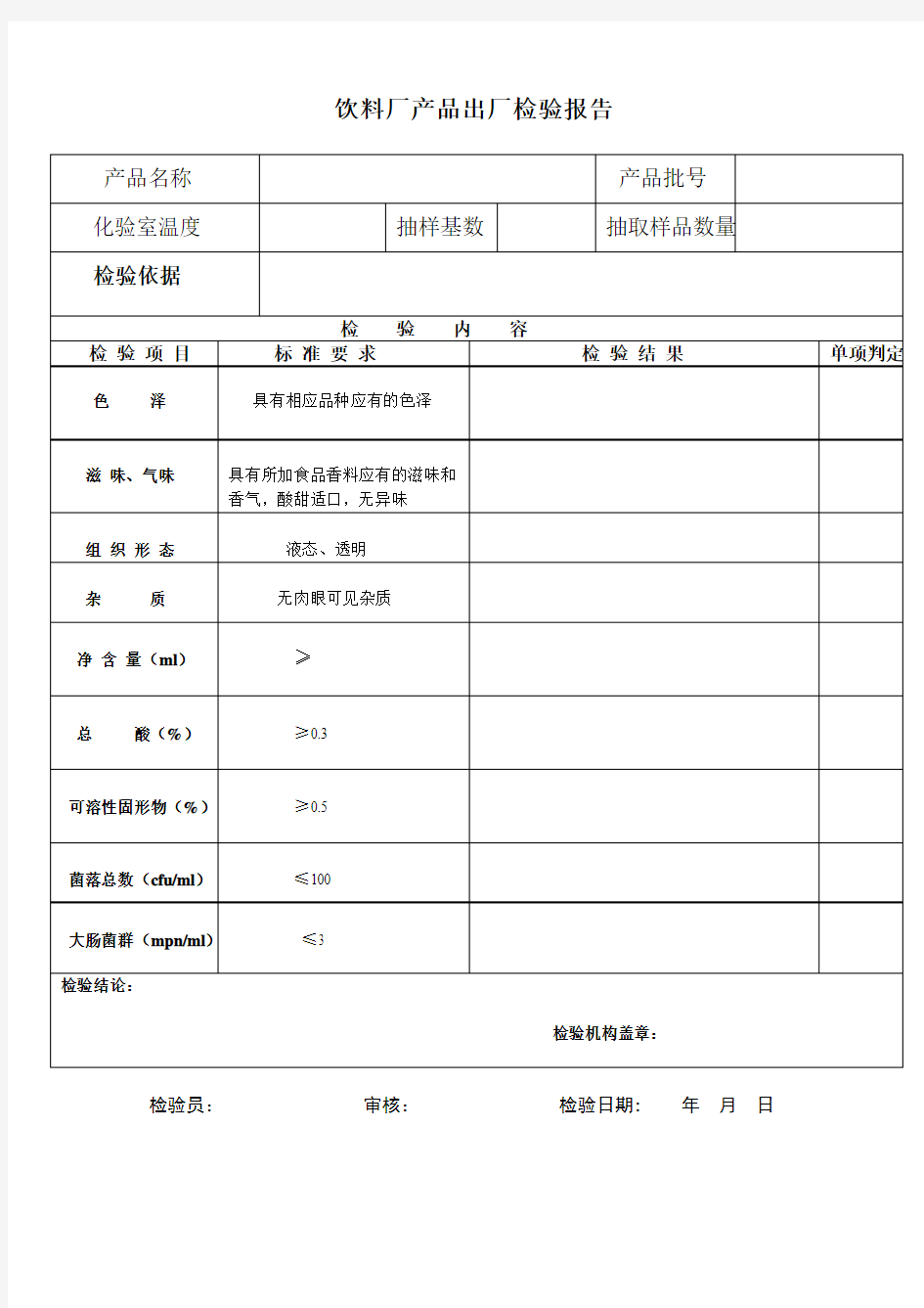 饮料厂产品出厂检验报告