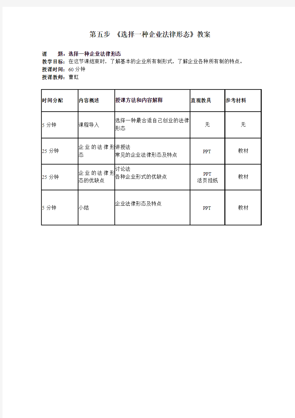 第五步 选择一种企业法律形态的教案