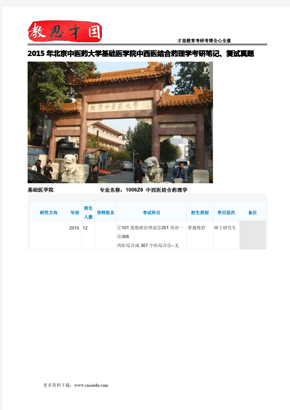 2015年北京中医药大学基础医学院中西医结合药理学考研笔记、复试真题