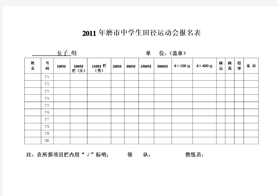 2011年中学生田径运动会报名表