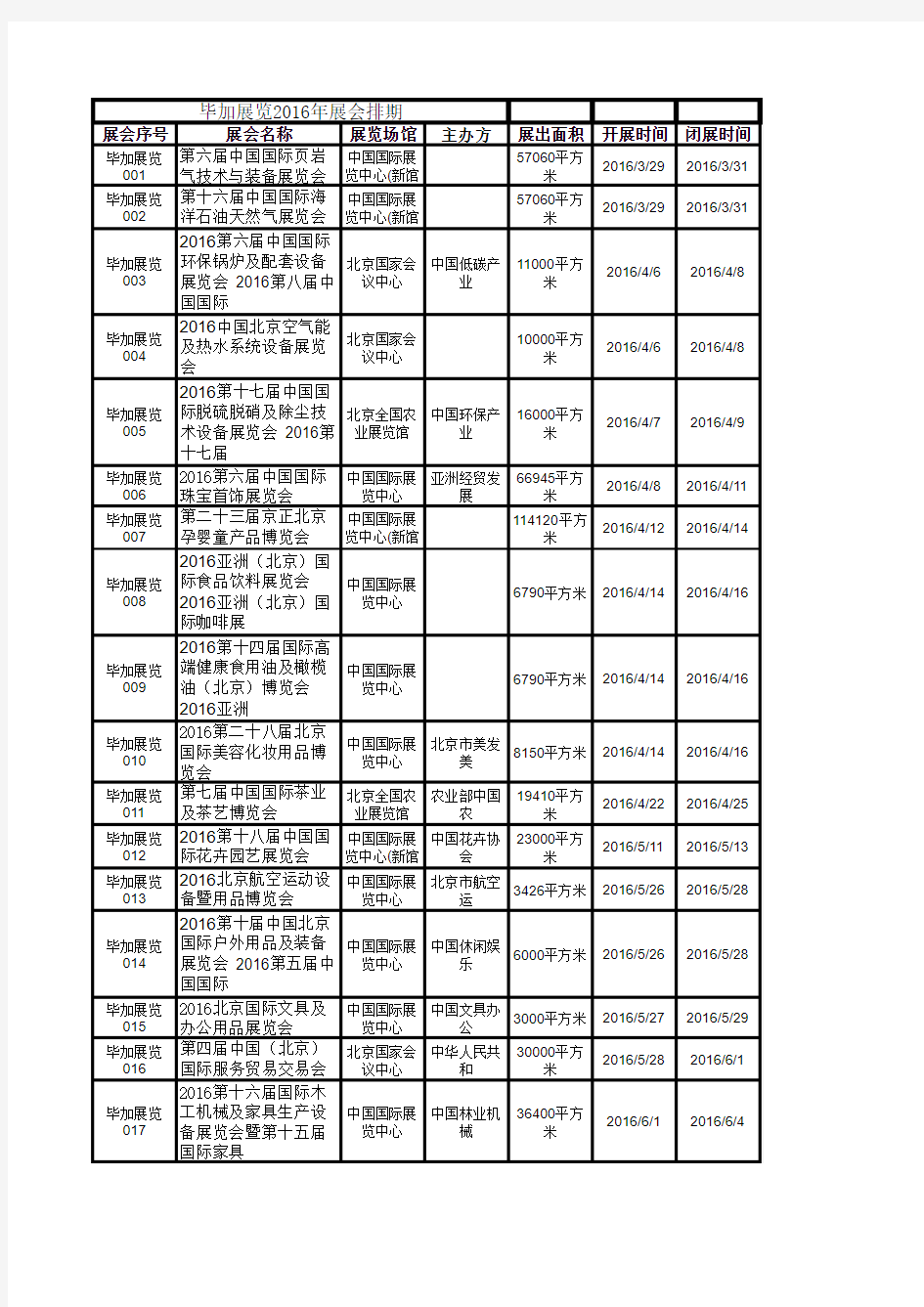 2016年北京展览会时间排期表