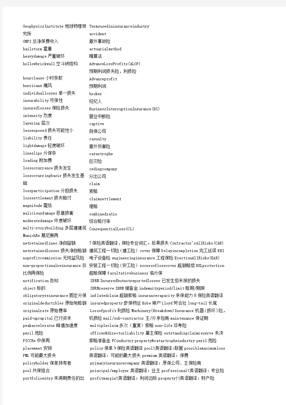 保险专业英语常用词汇