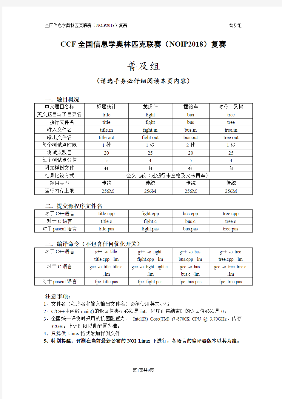 CCF全国信息学奥林匹克联赛NOIP普及组复赛试题