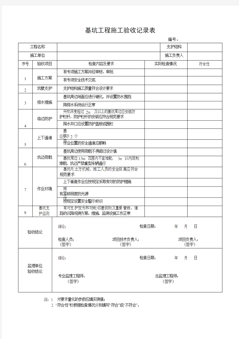 基坑工程施工验收记录表