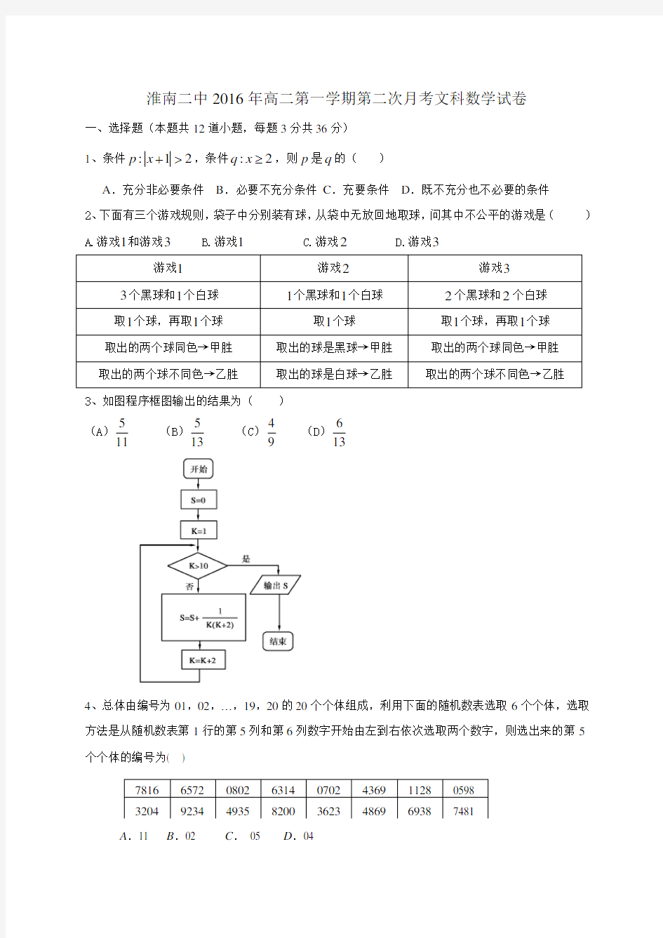 安徽省淮南二中高二12月月考数学(文)试题